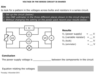 VOLTAGE IN THE SERIES CIRCUIT IS SHARED
Aim
to look for a pattern in the voltages across bulbs and resistors in a series circuit.
Conclusion
The power supply voltage is _____________ between the components in the circuit
8V+ -
V1
V2 V4
V3
A
Equation relating the voltages
1. Set up the circuit (below)
2. Use ONE voltmeter in the three different places shown in the circuit diagram.
3. Without changing the setting on the power pack record your results below:
Results
V1 (power supply) = __ V
V2 (variable resistor) = __ V
V3 (bulb) = __ V
V3 (ammeter) = __ V
Thursday, 4 November 2010
 