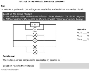 VOLTAGE IN THE PARALLEL CIRCUIT IS CONSTANT
Aim
to look for a pattern in the voltages across bulbs and resistors in a series circuit.
Conclusion
The voltage across components connected in parallel is __________
Equation relating the voltages
Results
V1 = ___ V
V2 = ___ V
V3 = ___ V
8V+ -
V1
V2
V3
1. Set up the circuit (below)
2. Use ONE voltmeter in the three different places shown in the circuit diagram.
3. Without changing the setting on the power pack record your results below:
Thursday, 4 November 2010
 