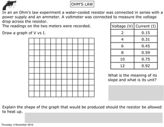 In an an Ohm’s law experiment a water-cooled resistor was connected in series with a
power supply and an ammeter. A voltmeter was connected to measure the voltage
drop across the resistor.
The readings on the two meters were recorded. Voltage (V) Current (I)
2 0.15
4 0.31
6 0.45
8 0.59
10 0.75
12 0.92
Draw a graph of V vs I.
What is the meaning of its
slope and what is its unit?
OHM’S LAW
Explain the shape of the graph that would be produced should the resistor be allowed
to heat up.
Thursday, 4 November 2010
 