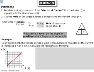 Definitions
1. Resistance, R is a measure of the “electrical friction” in a conductor. (the
opposition to the flow of current)
2. It is the ratio of the voltage across a conductor to the current through it.
Resistance = Voltage
Current R = V
I
Unit of resistance
is the ohm, Ω
Resistance is given by the slope or
gradient of a voltage - current graph
Example
In an experiment, the voltage across a lamp is measured and recorded as the current
is increased 1 A at a time. Calculate the resistance of the lamp.
V (V)
I (A)
0 1 2 3 4 5 6
24
20
16
12
8
4
RESISTANCE
V
RI
Thursday, 4 November 2010
 