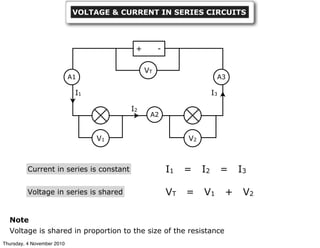 Current in series is constant I1 = I2 = I3
Voltage in series is shared VT = V1 + V2
Note
Voltage is shared in proportion to the size of the resistance
+ -
VT
A1 A3
V1 V2
A2
I1 I3
I2
VOLTAGE & CURRENT IN SERIES CIRCUITS
Thursday, 4 November 2010
 