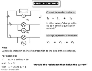 Current in parallel is shared
IT = I1 + I2
Voltage in parallel is constant
VT = V1 = V2
Note
Current is shared in an inverse proportion to the size of the resistance.
For example:
If R1 = 5 and R2 = 10
and IT = 3
then I1 = 2 and I2 = 1
in other words “charge splits
up as it enters a junction in
a circuit”
+ -
VT
V1
V2
I1
IT
I2
IT
R1
R2
“Double the resistance then halve the current”
PARALLEL CIRCUITS
Thursday, 4 November 2010
 