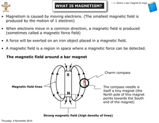WHAT IS MAGNETISM?
• Magnetism is caused by moving electrons. (The smallest magnetic field is
produced by the motion of 1 electron)
• When electrons move in a common direction, a magnetic field is produced
(sometimes called a magnetic force field)
• A force will be exerted on an iron object placed in a magnetic field.
• A magnetic field is a region in space where a magnetic force can be detected.
The magnetic field around a bar magnet
S
N
The compass needle is
itself a tiny magnet (the
North pole of this magnet
points towards the South
end of the magnet)
Charm compass
Magnetic field lines
Strong magnetic field (high density of lines)
---> Demo c bar magnet & major magnet
Thursday, 4 November 2010
 
