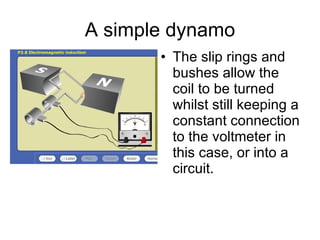 A simple dynamo The slip rings and bushes allow the coil to be turned whilst still keeping a constant connection to the voltmeter in this case, or into a circuit. 