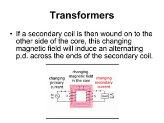 Transformers If a secondary coil is then wound on to the other side of the core, this changing magnetic field will induce an alternating p.d. across the ends of the secondary coil. 