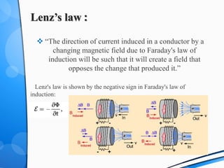 Lenz’s law :
 “The direction of current induced in a conductor by a
changing magnetic field due to Faraday's law of
induction will be such that it will create a field that
opposes the change that produced it.”
Lenz's law is shown by the negative sign in Faraday's law of
induction:
 