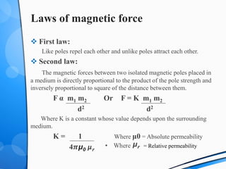 Laws of magnetic force
 First law:
Like poles repel each other and unlike poles attract each other.
 Second law:
The magnetic forces between two isolated magnetic poles placed in
a medium is directly proportional to the product of the pole strength and
inversely proportional to square of the distance between them.
F α m1 m2 Or F = K m1 m2
d2 d2
Where K is a constant whose value depends upon the surrounding
medium.
K = 1 Where μ0 = Absolute permeability
4𝝅μ0 μr
= Relative permeability
 