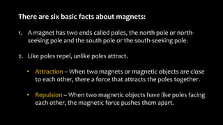 There are six basic facts about magnets:
1. A magnet has two ends called poles, the north pole or north-
seeking pole and the south pole or the south-seeking pole.
2. Like poles repel, unlike poles attract.
• Attraction – When two magnets or magnetic objects are close
to each other, there a force that attracts the poles together.
• Repulsion – When two magnetic objects have like poles facing
each other, the magnetic force pushes them apart.
 
