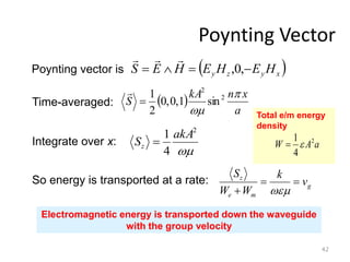 Poynting Vector
42
Poynting vector is  
x
y
z
y H
E
H
E
H
E
S 


 ,
0
,



Time-averaged:  
a
x
n
kA
S


2
2
sin
1
,
0
,
0
2
1


Integrate over x:

2
4
1 akA
Sz 
So energy is transported at a rate: g
m
e
z
v
k
W
W
S


 
Electromagnetic energy is transported down the waveguide
with the group velocity
Total e/m energy
density
a
A
W 2
4
1


 