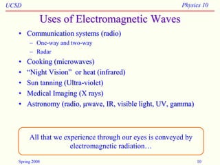 UCSD Physics 10
Spring 2008 10
Uses of Electromagnetic Waves
• Communication systems (radio)
– One-way and two-way
– Radar
• Cooking (microwaves)
• “Night Vision” or heat (infrared)
• Sun tanning (Ultra-violet)
• Medical Imaging (X rays)
• Astronomy (radio, wave, IR, visible light, UV, gamma)
All that we experience through our eyes is conveyed by
electromagnetic radiation…
 