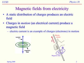 UCSD Physics 10
Spring 2008 2
Magnetic fields from electricity
• A static distribution of charges produces an electric
field
• Charges in motion (an electrical current) produce a
magnetic field
– electric current is an example of charges (electrons) in motion
 