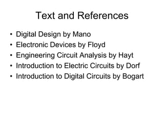 Text and ReferencesDigital Design by ManoElectronic Devices by FloydEngineering Circuit Analysis by HaytIntroduction to Electric Circuits by DorfIntroduction to Digital Circuits by Bogart