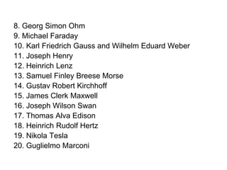 8. Georg Simon Ohm9. Michael Faraday10. Karl Friedrich Gauss and Wilhelm Eduard Weber11. Joseph Henry12. Heinrich Lenz13. Samuel Finley Breese Morse14. Gustav Robert Kirchhoff15. James Clerk Maxwell16. Joseph Wilson Swan17. Thomas Alva Edison18. Heinrich Rudolf Hertz19. Nikola Tesla20. Guglielmo Marconi