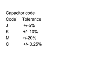 Capacitor codeCode     ToleranceJ             +/-5%K            +/- 10%M           +/-20%C            +/- 0.25%