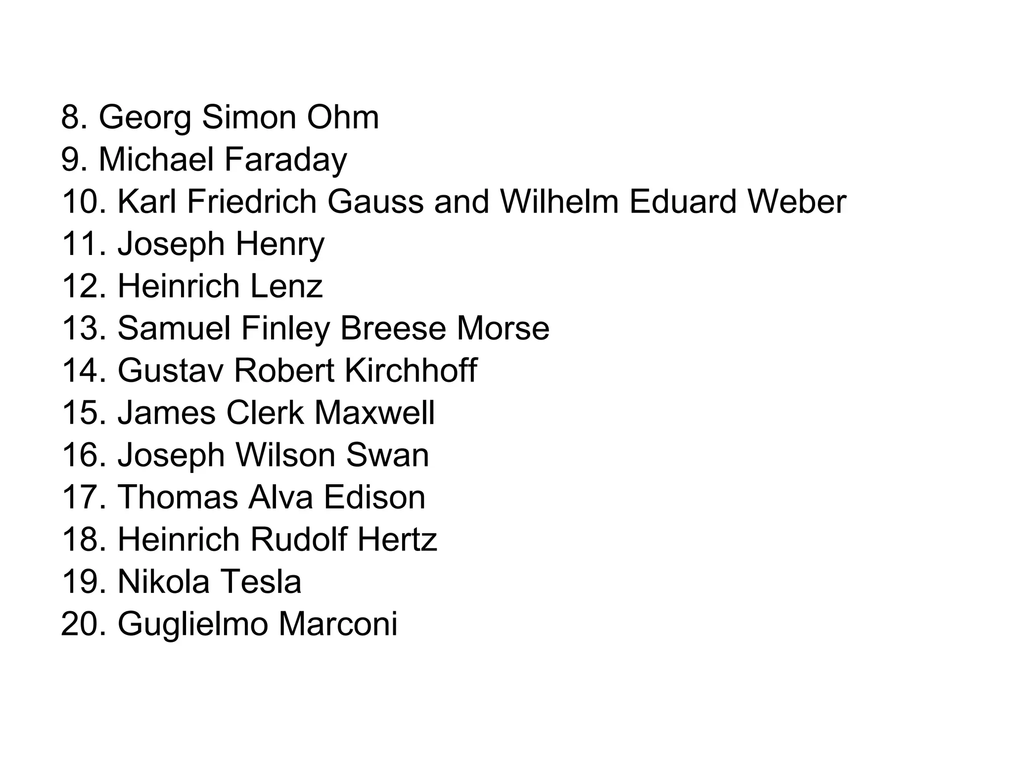 8. Georg Simon Ohm 9. Michael Faraday 10. Karl Friedrich Gauss and Wilhelm Eduard Weber 11. Joseph Henry 12. Heinrich Lenz 13. Samuel Finley Breese Morse 14. Gustav Robert Kirchhoff 15. James Clerk Maxwell 16. Joseph Wilson Swan 17. Thomas Alva Edison 18. Heinrich Rudolf Hertz 19. Nikola Tesla 20. Guglielmo Marconi 