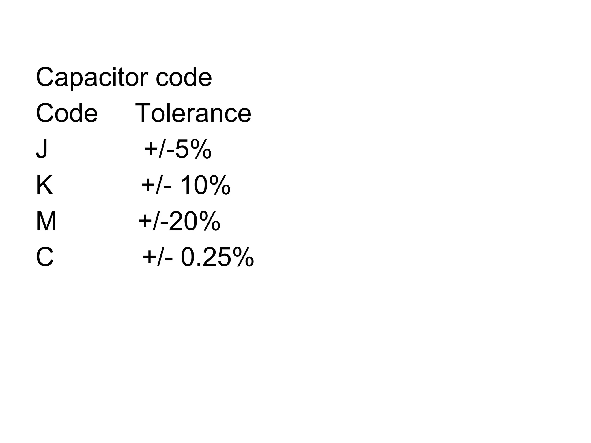 Capacitor code Code  Tolerance J  +/-5% K  +/- 10% M  +/-20% C  +/- 0.25% 