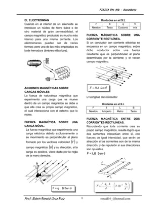 FISICA 5to Año - Secundaria


EL ELECTROIMÁN                                                 Unidades en el S.I,
Cuando en el interior de un solenoide se                F            B            q             V
introduce un núcleo de hiero dulce o de               Newton       Tesla       Coulomb         m/s
otro material de gran permeabilidad, el
campo magnético producido es mucho más            FUERZA MÁGNETICA SOBRE UNA
intenso para una misma corriente. Los             CORRIENTE RECTILÍNEA.
electroimanes pueden ser de varias                Si un conductor con corriente eléctrica se
formas; pero una de las más empleadas es          encuentra en un campo magnético; sobre
la de herradura (timbres eléctricos).             dicho conductor actúa una fuerza
                                                  resultante que es perpendicular al plano
                                                  determinado por la corriente y el vector
                                                  campo magnético.




ACCIONES MAGNÉTICAS SOBRE                           F  ILB Sen ˆ
CARGAS MÓVILES
La fuerza de naturaleza magnética que
                                                  L=Longitud del conductor
experimenta una carga que se mueve
dentro de un campo magnético se debe a                         Unidades en el S.I.
que ella crea su propio campo magnético,              F           I          L                 B
el cual interacciona con el externo que lo          Newton     Amperio    Metro              Tesla
rodea.
                                                  FUERZA MAGNÉTICA ENTRE DOS
FUERZA MAGNÉTICA SOBRE UNA                        CORRIENTES RECTILÍNEAS.
CARGA MÓVIL.                                      Recordando que toda corriente crea su
 La fuerza magnética que experimenta una          propio campo magnético, resulta lógico que
 carga eléctrica debido exclusivamente a          dos corrientes interactúan entre sí, con
 su movimiento es perpendicular al plano          fuerzas de igual intensidad, que serán de
 formado por los vectores velocidad V y         atracción si las corrientes son de la misma
                                                  dirección, y de repulsión si sus direcciones
                   
 campo magnético B y su dirección, si la
                                                  son opuestas.
 carga es positiva, viene dada por la regla
                                                  F = ILB Sen θ
 de la mano derecha.




           Unidades en el S.I.




                                                               I1 . I 2 . L           N 
                                                          F               .  2.10 7 2 
                      F = q . B Sen                                d                A 


Prof. Edwin Ronald Cruz Ruiz                  6              ronald10_@hotmail.com
 
