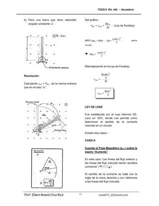 FISICA 5to Año - Secundaria


b) Para una barra que tiene velocidad             Del gráfico :
                     →
   angular constante ω .                                                    Δφ m
                                                         Vab = ε ind =           .. (Ley de Faraday)
                                                                             Δt



                                                                                   (ωΔt ) L2
                                                  pero: Δφ m = BΔA ; ΔA =                    …   (sector
                                                                                      2
                                                  circular)


                                                                     2
                                                   Δ φm = (ω Δ t ) L
                                                                       2



                                                  Reemplazando en la Ley de Faraday :

                                                                        BωΔt L2
Resolución:
                                                                          2
                                                              ε ind   =
                                                                          Δt
Calculando ind = Vab , de la misma manera
que en el caso “a” :
                                                                            BωL2
                                                                  ε ind =
                                                                             2



                                                  LEY DE LENZ

                                                  Fue establecida por el ruso Heinrich EE.
                                                  Lenz en 1831, donde nos permite como
                                                  determinar el sentido de la corriente
                                                  inducida en un circuito.

                                                  Existen dos casos :

                                                  CASO A

                                                  Cuando el Flujo Magnético (ext. ) sobre la
                                                  espira “Aumenta”

                                                  En este caso “Las líneas del flujo exterior y
                                                  las líneas del flujo inducido tienen sentidos
                                                  contrarios” (          ).

                                                  El sentido de la corriente se halla con la
                                                  regla de la mano derecha y con referencia
                                                  a las líneas del flujo inducido.



Prof. Edwin Ronald Cruz Ruiz                 11                       ronald10_@hotmail.com
 
