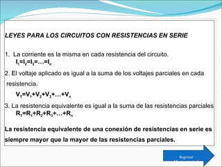 LEYES PARA LOS CIRCUITOS CON RESISTENCIAS EN SERIE 1.  La corriente es la misma en cada resistencia del circuito. I 1 =I 2 =I 3 =…=I n 2. El voltaje aplicado es igual a la suma de los voltajes parciales en cada resistencia. V T =V 1 +V 2 +V 3 +…+V n 3. La resistencia equivalente es igual a la suma de las resistencias parciales R T =R 1 +R 2 +R 3 +…+R n La resistencia equivalente de una conexión de resistencias en serie es  siempre mayor que la mayor de las resistencias parciales. Regresar Menú principal 
