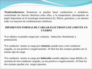Semiconductores:  Sustancias se pueden hacer conductoras o aisladores, controlando las fuerzas eléctricas entre ellas, o la temperatura; desempeñan un papel importante en la tecnología (transistores) Ej. Silicio, germanio, y un número cada vez mayores de combinaciones sintéticas. DIFERENTES FORMAS DE CARGAR ELECTROSTATICAMENTE UN CUERPO   Los objetos se pueden cargar por: contacto,  inducción, frotamiento y polarización.   Un conductor  neutro se carga por  contacto  cuando toca a otro conductor cargado, ya sea positiva o negativamente. Al final los dos cuerpos quedan con el mismo tipo de carga.   Un conductor  neutro se carga por  inducción  cuando adquiere carga debido a la cercanía de otro conductor cargado, ya sea positiva o negativamente. Al final los dos cuerpos quedan con  cargas opuestas. 