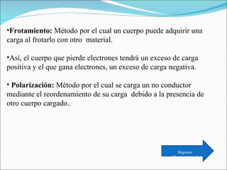 Frotamiento:  Método por el cual un cuerpo puede adquirir una carga al frotarlo con otro  material.  Así, el cuerpo que pierde electrones tendrá un exceso de carga  positiva y el que gana electrones, un exceso de carga negativa.    Polarización:  Método por el cual se carga un no conductor mediante el  reordenamiento de su carga  debido a la presencia de otro cuerpo cargado. . Regresar Menú principal 