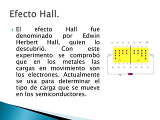  El efecto Hall fue
denominado por Edwin
Herbert Hall, quien lo
descubrió. Con este
experimento se comprobó
que en los metales las
cargas en movimiento son
los electrones. Actualmente
se usa para determinar el
tipo de carga que se mueve
en los semiconductores.
 