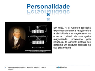Em 1826, H. C. Oersted descobriu 
experimentalmente a relação entre 
a eletricidade e o magnetismo, ao 
observar o desvio de uma agulha 
magnetizada, provocado pela 
influência da corrente elétrica que 
percorria um condutor colocado na 
sua proximidade 
Eletromagnetismo – Dinis D., Márcia R., Pedro C., Tiago S. TMA.FVW1213PL 
13 de 17 
 