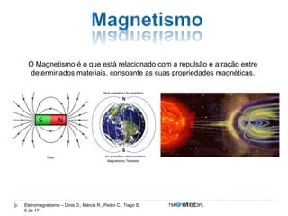O Magnetismo é o que está relacionado com a repulsão e atração entre 
determinados materiais, consoante as suas propriedades magnéticas. 
Íman 
Magnetismo Terrestre 
Eletromagnetismo – Dinis D., Márcia R., Pedro C., Tiago S. TMA.FVW1213PL 
5 de 17 
 