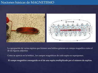 Nociones básicas de MAGNETISMO 
La agrupación de varias espiras que formen una bobina generan un campo magnético como el 
de las figuras adjuntas. 
Como se aprecia en la bobina , los campos magnéticos de cada espira se superponen. 
El campo magnético conseguido es el de una espira multiplicado por el número de espiras. 
 