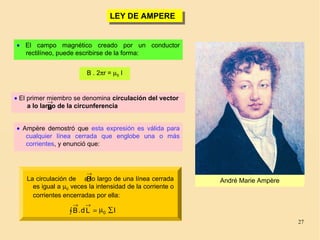 27
• El campo magnético creado por un conductor
rectilíneo, puede escribirse de la forma:
B . 2πr = µ0 I
• El primer miembro se denomina circulación del vector
a lo largo de la circunferenciaB
→
• Ampère demostró que esta expresión es válida para
cualquier línea cerrada que englobe una o más
corrientes, y enunció que:
∑µ=∫
→→
ILd.B 0
La circulación de a lo largo de una línea cerrada
es igual a µ0 veces la intensidad de la corriente o
corrientes encerradas por ella:
B
→
André Marie Ampère
LEY DE AMPERELEY DE AMPERE
 