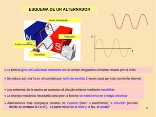 50
Voltímetro
Espira rectangular
Anillos metálicos
Escobillas
ESQUEMA DE UN ALTERNADOR
→
B
• La bobina gira con velocidad constante en un campo magnético uniforme creado por el imán
• Se induce así una f.e.m. sinusoidal que varía de sentido 2 veces cada período (corriente alterna)
• Los extremos de la espira se conectan al circuito externo mediante escobillas
• La energía mecánica necesaria para girar la bobina se transforma en energía eléctrica
• Alternadores más complejos constan de inductor (imán o electroimán) e inducido (circuito
donde se produce la f.e.m.). La parte móvil es el rotor y la fija, el estátor
ε
t
 