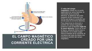 EL CAMPO MAGNÉTICO
CREADO POR UNA
CORRIENTE ELÉCTRICA
El valor del campo
magnético creado en un punto
dependerá de varios factores: la
intensidad de la corriente
eléctrica, la distancia del punto
respecto al hilo conductor y la
forma que tenga el conductor por
donde pasa la corriente eléctrica.
Para determinar la dirección y
sentido del campo magnético
podemos usar la llamada regla de
la mano derecha. Como se ve en
la figura, utilizando dicha mano y
apuntando con el dedo pulgar
hacia el sentido de la corriente, la
curvatura del resto de dedos nos
indicará el sentido del campo
magnético.
 
