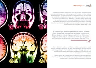 Metodología | 23
En nuestro programa, el aprendizaje no es un proceso lineal, sino que sucede en
espiral (aprender, desaprender, olvidar y reaprender). Por eso, se combinan cada uno
de estos elementos de forma concéntrica. Con esta metodología se han capacitado
más de 650.000 graduados universitarios con un éxito sin precedentes en ámbitos
tan distintos como la bioquímica, la genética, la cirugía, el derecho internacional,
las habilidades directivas, las ciencias del deporte, la filosofía, el derecho, la
ingeniería, el periodismo, la historia o los mercados e instrumentos financieros.
Todo ello en un entorno de alta exigencia, con un alumnado universitario de un perfil
socioeconómico alto y una media de edad de 43,5 años.
A partir de la última evidencia científica en el ámbito de la neurociencia, no solo
sabemos organizar la información, las ideas, las imágenes y los recuerdos, sino que
sabemos que el lugar y el contexto donde hemos aprendido algo es fundamental
para que seamos capaces de recordarlo y almacenarlo en el hipocampo, para
retenerlo en nuestra memoria a largo plazo.
De esta manera, y en lo que se denomina Neurocognitive context-dependent
e-learning, los diferentes elementos de nuestro programa están conectados con el
contexto donde el participante desarrolla su práctica profesional.
El Relearning te permitirá aprender con menos esfuerzo
y más rendimiento, implicándote más en tu capacitación,
desarrollando el espíritu crítico, la defensa de argumentos
y el contraste de opiniones: una ecuación directa al éxito.
 