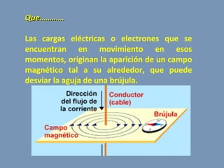 Que………… Las cargas eléctricas o electrones que se encuentran en movimiento en esos momentos, originan la aparición de un campo magnético tal a su alrededor, que puede desviar la aguja de una brújula. 