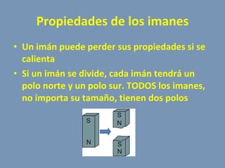 Propiedades de los imanes Un imán puede perder sus propiedades si se calienta Si un imán se divide, cada imán tendrá un polo norte y un polo sur. TODOS los imanes, no importa su tamaño, tienen dos polos 