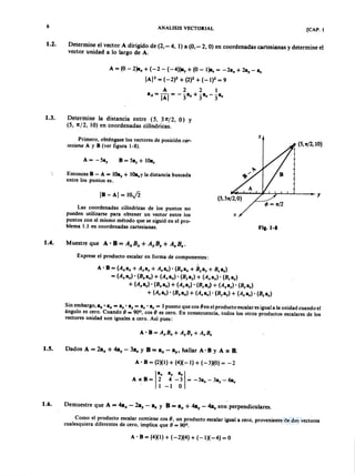 AEPAEPAEPAEP
AEPAEPAEPAEP
6 ANALlSIS VECTORIAL [CAP. 1
1.2. Determine el vector A dirigido de (2,- 4, 1)a (0,- 2, O) en coordenadas cartesianas y determine el
vector unidad a lo largo de A.
A = (O- 2)a" + (- 2 - (- 4))ay + (O- 1)a. = - 2a" + 2a, - a.
IAI2 = (_2)2 + (2)2 + (_1)2 = 9
A 221
aA = 1AT = - 3a" + 3a, - 3a•
1.3. Determine la distancia entre (5, 3 1t/2, O) Y
(5, 1t /2, 10) en coordenadas cilíndricas.
Primero, obténgase los vectores de posición
A y B (ver figura 1-8).
z
(S,1t/2,tO)
A = -5ay B = 5ay + lOa.
 Entonces B - A = lOa, + 10a.y la distancia buscada
entre los puntos es.
lB-Al =
Las coordenadas cilíndricas de los puntos no
pueden utilizarse para obtener un vector entre los
puntos con el mismo método que se siguió en el pro-
blema 1.1 en coordenadas cartesianas.
<p = 1t/2
Fig. 1-8
1.4. Muestre que B = + +
Exprese el producto escalar en forma de componentes:
B = (A"a" + + + b,«, + .)
= a,,) • + (A"a,,)' ay) + a,,) .
+ ay) . a,,) + ay) • ay}+ ay) • a.)
+ a.) • a,,) + a.) . ay) + a.) . a.)
Sin embargo, al<' a" = ay = a•• a. = 1puesto que cos 8enel producto escalar es iguala la unidad cuando el
ángulo es cero. Cuando 8 = 90°, cos 8 es cero. En consecuencia, todos los otros productos escalares de los
vectores unidad son iguales a cero. Así pues:
A • B = + +
1.5. Dados A = 2a" + 4ay - 3a", y B = a" - hallar B Y A x B.
A' B = (2)(1) + (4)(-1) + (-3)(0) = -2
l
a" a, a. IA x B = 2 4 - 3 = - 3a" - 3ay - 6a.
, 1 -1 O
1.6. Demuestre que A = 4a" - 2a)' - a. y B = a" + 4a)' - 4a", son perpendiculares.
Como el producto escalar contiene cos 8, un producto escalar igual a cero, proveniente de dos vectores
cualesquiera diferentes de cero, implica que (J = 900.
A . B = (4)(1) + (-2)(4) + (-1)( -4) = O AEP
AEP
 
