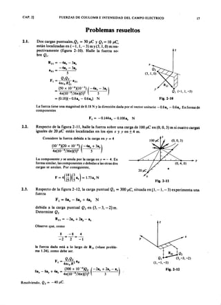 CAP. 2] FUERZAS DE COULOMB E INTENSIDAD DEL CAMPO ELECTRICO I7
Problemas resueltos
2.1. Dos cargas puntuales.Q¡ZYXWVUTSRQPONMLKJIHGFEDCBA= ZYXWVUTSRQPONMLKJIHGFEDCBA5 0 /-le ymlkjihgfedcbaZYXWVUTSRQPONMLKJIHGFEDCBAQ 2 = 10 /-le ,
están localizadas en ( -1, 1, - 3) m y (3, 1, O) m res-
pectivamente (figura 2-10). Halle la fuerza so-
bre QI'
z
R2l = -4a" - 3az
-4a" - 3az
a2l = 5
Q lQ 2
F 1 = 2 a21
4nEo R21
= (50 X 10-6
)(10-5
) (-4a" - 3az)
4n(1O 9j36n)(5)2 5
= (0.18)(-0.8a" - 0.6az) N
Q ¡ ( - 1 ,1 ,- 3 )
Fig.2-10
La fuerza tiene una magnitud de 0.18 N Yla dirección dada por el vector unitario - 0.8 a" - 0.6az
• En forma de
componentes
F¡ = -O.l44a" - 0.108az N
2.2. Respecto de la figura 2-11, halle la fuerza sobre una carga de 100/-le en (O, O, 3) m si cuatro cargas
iguales de 20 /-le están localizadas en los ejes x y y en ± 4 m.
Considere la fuerza debida a la carga en y = 4
z
(10-4
)(20 x 10-6
) (-4a, + 3az)
4n(10 9j36n)(5)2 5
La componente y se anula por la carga en y = - 4. En
forma similar, las componentes x debidas a las otras dos
cargas se anulan. Por consiguiente,
x
Fig.2-11
2.3. Respecto de la figura 2-12, la carga puntual Ql = 300 /-le , situada en [I, - 1, - 3) experimenta una
fuerza
F 1 = Sa, - 8ay + 48% N
debida a la carga puntual Q 2 en (3, - 3, - 2) m.
Determine Q 2
R21 = -2a" + 2a, - az
Observe que, como
z
la fuerza dada está a lo largo de R21 (véase proble-
ma 1.24), como debe ser.
Fig.2-12
Resolviendo. Q 2 = - 40 ¡,te.
/
 