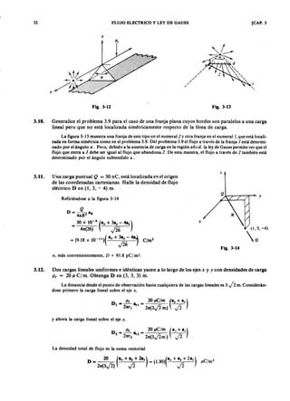 32zyxwvutsrqponmlkjihgfedcbaZYXWVUTSRQPONMLKJIHGFEDCBAFLUJO ELECTRICOLKJIHGFEDCBAy LEY DE GAUSS [CAP. 3
zjihgfedcbaZYXWVUTSRQPONMLKJIHGFEDCBA
e
"
Fig. 3-12 Fig. 3-13
3.10. Generalice el problema 3.9 para el caso de una franja plana cuyos bordes son paralelos a una carga
lineal pero que no está localizada simétricamente respecto de la línea de carga.
La figura 3-13 muestra una franja de este tipo en el numeral 2 y otra franja en el numeral 1, que está locali-
zada en forma simétrica como en el problema 3.9. Del problema 3.9 el flujo a través de la franja 1 está determi-
nado por el ángulo (1 .. Pero, debido a la ausencia de carga en la región a bcd, la ley de Gauss permite ver que el
flujo que entra aXWVUTSRQPONMLKJIHGFEDCBA1 debe ser igual al flujo que abandona 2. De esta manera, el flujo a través de 2 también está
determinado por el ángulo subtendido (1. •
3.11. U na carga puntual Q = 30 n e , está localizada en el origen
de las coordenadas cartesianas. Halle la densidad de flujo
eléctrico D en (1, 3, - 4) m.
Refiriéndose a la figura 3~14
Q .
D = 4nR2 aR
= 30 x 10-
9
(a" + 3a, - 4a.)
4n(26) p
= (9.18 X 10-1 1 )( a" + 3a, - 4a. e /m 2
p J
x
(1 ,3 , -4 )
D
Fig. 3-14
o, más convenientemente, D = 91.8 pC/m2.
3.12. Dos cargas lineales uniformes e idénticas yacen a lo largo de los ejes x y y con densidades de carga
P t = 20 J.l c ¡ m. Obtenga D en (3, 3, 3) m.
La distancia desde el punto de observación hasta cualquiera de las cargas lineales es 3 j2 m. Considerán-
dose primero la carga lineal sobre el eje x,
D
_..!!!...- _ 20 /- le /m (a, + a.)1 - a1 - ---
2Wl' 2n{3J 2 m ) .J i
y ahora la carga lineal sobre el eje y,
La densidad total de flujo es la suma vectorial
D = 20 (a" + a, + 2a,) = (1.30)(a" + ay + 2a,) /- lC /m 2
2n{3J 2).J i J 2
 