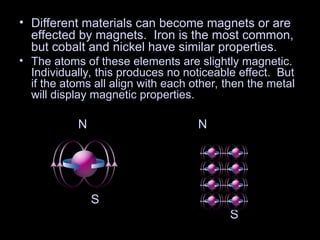 • Different materials can become magnets or are
effected by magnets. Iron is the most common,
but cobalt and nickel have similar properties.
• The atoms of these elements are slightly magnetic.
Individually, this produces no noticeable effect. But
if the atoms all align with each other, then the metal
will display magnetic properties.
N N
S
S
 