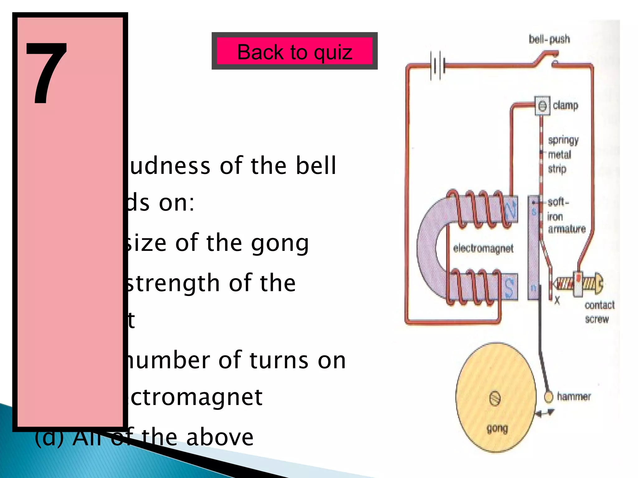 The loudness of the bell depends on: (a) The size of the gong (b) The strength of the current (c) The number of turns on the electromagnet (d) All of the above  Back to quiz 7  