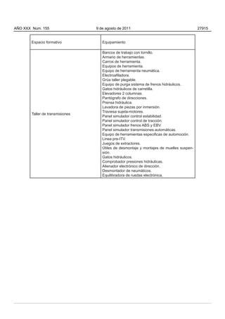 AÑO XXX Núm. 155                  9 de agosto de 2011                                     27915


        Espacio formativo            Equipamiento

                                     Bancos de trabajo con tornillo.
                                     Armario de herramientas.
                                     Carros de herramienta.
                                     Equipos de herramienta.
                                     Equipo de herramienta neumática.
                                     Electroafiladora.
                                     Grúa taller plegable.
                                     Equipo de purga sistema de frenos hidráulicos.
                                     Gatos hidráulicos de carretilla.
                                     Elevadores 2 columnas.
                                     Pantógrafo de direcciones.
                                     Prensa hidráulica.
                                     Lavadora de piezas por inmersión.
                                     Traviesa sujeta-motores.
        Taller de transmisiones
                                     Panel simulador control estabilidad.
                                     Panel simulador control de tracción.
                                     Panel simulador frenos ABS y EBV.
                                     Panel simulador transmisiones automáticas.
                                     Equipo de herramientas especificas de automoción.
                                     Linea pre-ITV.
                                     Juegos de extractores.
                                     Útiles de desmontaje y montajes de muelles suspen-
                                     sión.
                                     Gatos hidráulicos.
                                     Comprobador presiones hidráulicas.
                                     Alienador electrónico de dirección.
                                     Desmontador de neumáticos.
                                     Equilibradora de ruedas electrónica.
 
