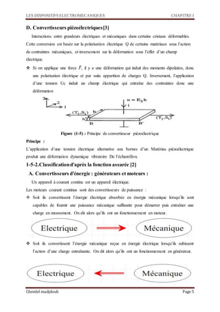 LES DISPOSITIFS ELECTROMECANIQUES CHAPITRE I
Chemlel madjdoub Page 5
D. Convertisseurs piézoélectriques[3]
Interactions entre grandeurs électriques et mécaniques dans certains cristaux déformables.
Cette conversion est basée sur la polarisation électrique Q de certains matériaux sous l’action
de contraintes mécaniques, et inversement sur la déformation sous l’effet d’un champ
électrique.
 Si on applique une force 𝐹, il y a une déformation qui induit des moments dipolaires, donc
une polarisation électrique et par suite apparition de charges Q. Inversement, l’application
d’une tension Uc induit un champ électrique qui entraîne des contraintes donc une
déformation
Figure (1-5) : Principe de convertisseur piézoélectrique
Principe :
L’application d’une tension électrique alternative aux bornes d’un Matériau piézoélectrique
produit une déformation dynamique vibratoire De l’échantillon.
1-5-2.Classificationd'après la fonction assurée [2]
A. Convertisseurs d'énergie : générateurs et moteurs :
Un appareil à courant continu est un appareil électrique.
Les moteurs courant continus sont des convertisseurs de puissance :
 Soit ils convertissent l’énergie électrique absorbée en énergie mécanique lorsqu’ils sont
capables de fournir une puissance mécanique suffisante pour démarrer puis entraîner une
charge en mouvement. On dit alors qu’ils ont un fonctionnement en moteur.
 Soit ils convertissent l’énergie mécanique reçue en énergie électrique lorsqu’ils subissent
l’action d’une charge entraînante. On dit alors qu’ils ont un fonctionnement en générateur.
 
