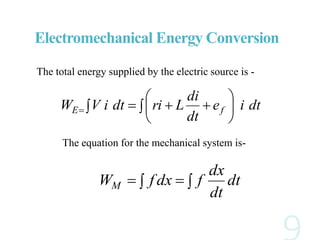 Electromechanical Energy Conversion
The total energy supplied by the electric source is -
 dt
dt
dx
fdxfWM
 





 dtie
dt
di
LridtiVW fE
The equation for the mechanical system is-
 