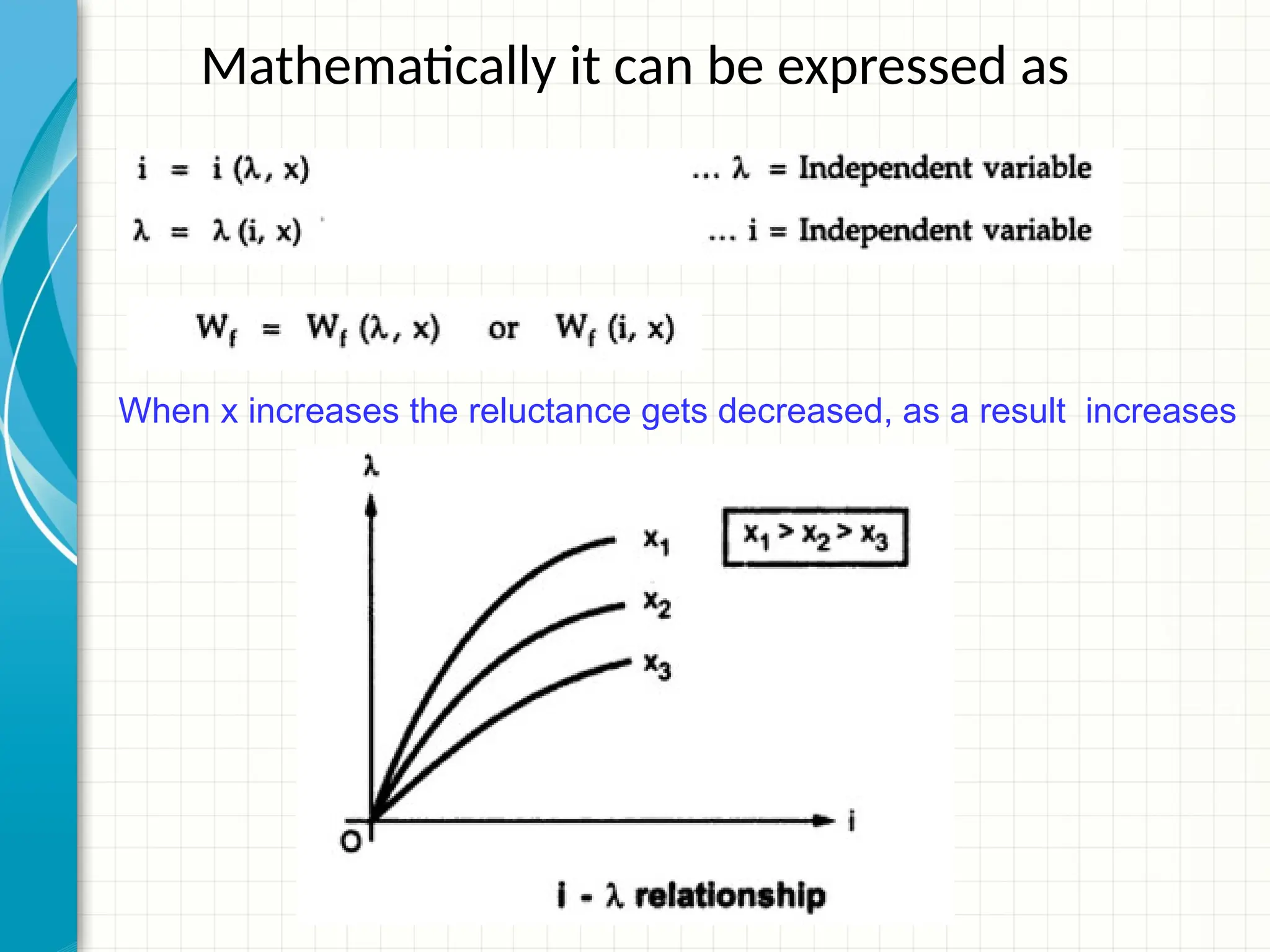 Mathematically it can be expressed as
When x increases the reluctance gets decreased, as a result increases
 