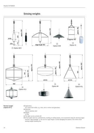 16
Silopilot M FMM50
Endress+Hauser
Sensing weights
•	Application:
	 For coarse bulk solids, e.g. coals, ores or stones and granulates.
•	Materials:
	 Steel or stainless steel
•	Weight:
	 3.5 kg
•	The spike can be screwed off.
•	If the bunker/silo has a downstream crushing or milling system, we recommend using the electrical signal
	 function "tape breakage” or the use of a cage weight to avoid damaging the system in the event of the
	 sensing weight breaking free.
Normal weight
(Option B/C)
Ø55
Ø8
110230
approx.635
edgelength400
approx.635
Øapprox.150
approx.300
400
194
approx.370
approx.670
Ø315
approx.190
approx.485
Ø315
300
approx.600
m Option B/C
n
Option D/E
o
Option G
q
Option M
p
Option H/J
r
Option K/L
 
