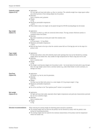 Silopilot M FMM50
Endress+Hauser 17
•	Application:
	 For very light and loose bulk solids, e g. flour or coal-dust. The umbrella weight has a large square surface
	 area which prevents it from sinking deeply into the product.
•	Materials:
	 Steel or stainless steel, polyester
•	Weight:
	 3.5 kg
•	Maximum permissible temperature:
	 +150°C
•	When folded closed, the weight can be passed through the DN100 mounting flange into the bunker.
•	Application:
	 In bunkers to which e.g. mills are connected down-stream. The bag contains whichever product is
	 contained within the bunker.
•	Materials:
	 Bag made of polyester, all metal parts made from stainless steel.
•	Weight:
	 0.25 kg (empty) / 3.5 kg (filled)
•	Maximum permissible temperature:
	 +150°C
•	Bind the bag closed at the top so that the contents cannot fall out if the bag tips over on the slope of a
	 product cone.
•	Application:
	 For fine bulk solids in silos with relatively small outlet openings that must not be blocked by a sensing
	 weight which has broken free. Also suitable for high temperatures for which a bag may not be used.
•	Materials:
	 Steel or stainless steel
•	Weight:
	 3.5 kg
•	The weight could become lodged over the product outlet – but would allow the bulk solid to pass through.
	 Since the cage weight cannot enter a conveyor system (e.g. cellar wheel feeder or screw conveyor), no
	 damage can result.
•	Application:
	 For liquids, e.g. fuel oil, also for granulates.
•	Material:
	 Hard PVC
•	Weight:
	 The float must be filled with product to a total weight of 3.5 kg (empty weight 1.3 kg).
•	Maximum permissible temperature:
	 +70°C
•	Use of the oval float in the "Dust ignition-proof" version is not permitted!
•	Application:
	 For light and loose bulk solids; especially where higher temperatures and particular characteristics preclude
	 the use of an umbrella weight.
•	Materials:
	 Steel or stainless steel
•	Weight:
	 4.3 kg
When selecting the sensing weight the following points should be considered:
•	The sensing weight may not sink into the product nor be diverted by contact with the product cone
	 during the measuring procedure.
•	The sensing weight must be suited for the chemical characteristics of the product and the temperature
	 within the bunker/silo.
Selection recommendations
Umbrella weight
(Option D/E)
Bag weight
(Option G)
Cage weight
(Option H/J)
Oval float
(Option M)
Bell weight
(Option K/L)
 