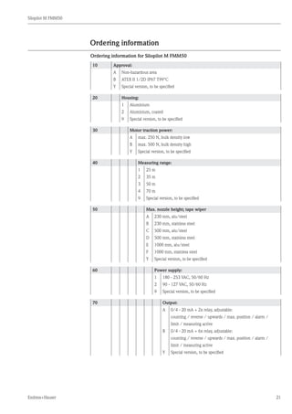 Silopilot M FMM50
Endress+Hauser 21
Ordering information
Ordering information for Silopilot M FMM50
10 Approval:
A Non-hazardous area
B ATEX II 1/2D IP67 T99°C
Y Special version, to be specified
20 Housing:
1 Aluminium
2 Aluminium, coated
9 Special version, to be specified
30 Motor traction power:
A max. 250 N, bulk density low
B max. 500 N, bulk density high
Y Special version, to be specified
40 Measuring range:
1 25 m
2 35 m
3 50 m
4 70 m
9 Special version, to be specified
50 Max. nozzle height; tape wiper
A 230 mm, alu/steel
B 230 mm, stainless steel
C 500 mm, alu/steel
D 500 mm, stainless steel
E 1000 mm, alu/steel
F 1000 mm, stainless steel
Y Special version, to be specified
60 Power supply:
1 180 - 253 VAC, 50/60 Hz
2 90 - 127 VAC, 50/60 Hz
9 Special version, to be specified
70 Output:
A 0/4 - 20 mA + 2x relay, adjustable:
counting / reverse / upwards / max. position / alarm /
limit / measuring active
B 0/4 - 20 mA + 6x relay, adjustable:
counting / reverse / upwards / max. position / alarm /
limit / measuring active
Y Special version, to be specified
 