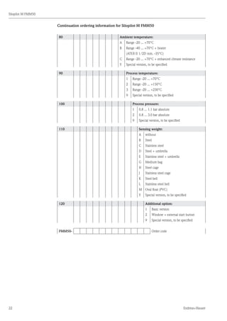 22
Silopilot M FMM50
Endress+Hauser
Continuation ordering information for Silopilot M FMM50
80 Ambient temperature:
A Range -20 ... +70°C
B Range -40 ... +70°C + heater
(ATEX II 1/2D min. -35°C)
C Range -20 ... +70°C + enhanced climate resistance
Y Special version, to be specified
90 Process temperature:
1 Range -20 ... +70°C
2 Range -20 ... +150°C
3 Range -20 ... +230°C
9 Special version, to be specified
100 Process pressure:
1 0.8 ... 1.1 bar absolute
2 0.8 ... 3.0 bar absolute
9 Special version, to be specified
110 Sensing weight:
A without
B Steel
C Stainless steel
D Steel + umbrella
E Stainless steel + umbrella
G Medium bag
H Steel cage
J Stainless steel cage
K Steel bell
L Stainless steel bell
M Oval float (PVC)
Y Special version, to be specified
120 Additional option:
1 Basic version
2 Window + external start button
9 Special version, to be specified
FMM50- Order code
 