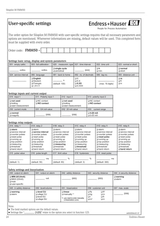 24
Silopilot M FMM50
Endress+Hauser
User-specific settings
The order option for Silopilot M FMM50 with user-specific settings requires that all necessary parameters and
options are mentioned. Whereever informations are missing, default values will be used. This completed form
must be supplied with every order.
Order code: FMM50 -
Settings basic setup, display and system parameters
001 empty calibr. 003 full calibration 020 measurem. type 021 time interval 022 time unit 023 normal or short
________ m/ft/in ________ m/ft/in
o single cycle
o periodical ________ [022]
o h
o min.
o normal
o short
024 service interval 060 language 061 back to home 062 no. of decimals 080 tag no. 083 distance unit
____________
o English
o Deutsch
o Français
o ニホソゴ
________ s
(default: 100)
o X
o X.X
o X.XX
o X.XXX
______________
(max. 16 digits)
o m
o ft
o in
Settings inputs and current output
010 input 1 011 Polarity input 1 012 input 2 013 polarity input 2
o not used
o bolting
o start measurement
o NC contact
o NO contact
o not used
o bolting
o start measurement
o NC contact
o NO contact
030 current mode 031 0/4 mA value 032 20 mA value 033 current range
o normal
o magnify ________ [056] ________ [056]
o 4-20 mA
o 0-20 mA
Settings relay outputs
014 relay 1 01A relay 2 01B relay 3 01C relay 4 01D relay 5 01E relay 6
o alarm
o service interval
o counter pulses
o reset pulse
o running up
o top position
o measuring
o threshold
o band return
o alarm
o service interval
o counter pulses
o reset pulse
o running up
o top position
o measuring
o threshold
o band return
o alarm
o service interval
o counter pulses
o reset pulse
o running up
o top position
o measuring
o threshold
o band return
o alarm
o service interval
o counter pulses
o reset pulse
o running up
o top position
o measuring
o threshold
o band return
o alarm
o service interval
o counter pulses
o reset pulse
o running up
o top position
o measuring
o threshold
o band return
o alarm
o service interval
o counter pulses
o reset pulse
o running up
o top position
o measuring
o threshold
o band return
015 pulse value 016 pulse length 017 limit value 018 hysteresis 019 reset pulse
____________
(default: 1)
____________ ms
(default: 50)
____________ %
(default: 60)
____________ %
(default: 3)
____________ ms
(default: 300)
Safety settings and linearization
040 output on alarm 041 output on alarm 042 safety distance 043 security distance 044 in security distance
o MIN (0/3.6mA)
o MAX (22mA)
o hold
o user-specific
________ mA ________ [083] ________ [083]
o warning
o alarm
045 in safety distance 050 level/volume 051 linearization 056 customer unit 057 max. scale
o warning
o alarm
o level CU
o ullage CU
o level DU
o ullage DU
o linear
o manually *1
*1 you need to enter manually
a linearization curve
o %
o kg
o t
o m3
o ft3
o m
o ft
o in
________ [056]
Note:
• The bold marked options are the default values.
• Settings like "________ [123]" relate to the option you select in function 123. ad042000en/01.07
 