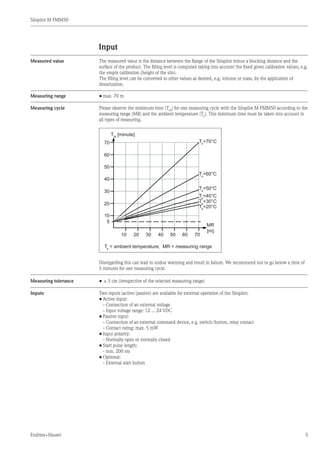 Silopilot M FMM50
Endress+Hauser 5
Input
The measured value is the distance between the flange of the Silopilot minus a blocking distance and the
surface of the product. The filling level is computed taking into account the fixed given calibration values, e.g.
the empty calibration (height of the silo).
The filling level can be converted to other values as desired, e.g. volume or mass, by the application of
linearization.
Measured value
•	max. 70 mMeasuring range
Two inputs (active/passive) are available for external operation of the Silopilot:
•	Active input:
	 - Connection of an external voltage
	 - Input voltage range: 12 ... 24 VDC
•	Passive input:
	 - Connection of an external command device, e.g. switch/button, relay contact
	 - Contact rating: max. 5 mW
•	Input polarity:
	 - Normally open or normally closed
•	Start pulse length:
	 - min. 200 ms
•	Optional:
	 - External start button
Inputs
•	± 5 cm (irrespective of the selected measuring range)Measuring tolerance
Measuring cycle Please observe the minimum time (TM
) for one measuring cycle with the Silopilot M FMM50 according to the
measuring range (MR) and the ambient temperature (Ta
). This minimum time must be taken into account in
all types of measuring.
TM
[minute]
70
60
50
40
30
20
10
10 20 30 40 50 60 70
MR
[m]
Ta
=70°C
Ta
=60°C
Ta
=50°C
Ta
=40°C
Ta
=30°C
Ta
=20°C
Ta
= ambient temperature; MR = measuring range
5
Disregarding this can lead to undue warming and result in failure. We recommend not to go below a time of
5 minutes for one measuring cycle.
 